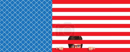 Téléchargez les photos : Une femme est confinée par les rayures d'un drapeau américain dans une métaphore pour les restrictions sur les personnes en Amérique en raison des lois, des règles, des coutumes et des traditions. Objet : droit à l'avortement. Ceci est une illustration en 3D. - en image libre de droit