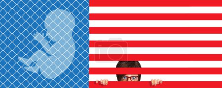 Eine Frau wird von den Streifen einer US-Flagge eingeschlossen, eine Metapher für die Einschränkung der reproduktiven Rechte in den Vereinigten Staaten. Dies ist eine 3-D-Illustration.