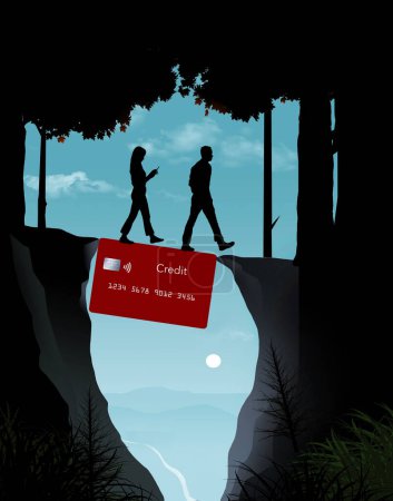 Para salvar la brecha cuando el dinero es escaso, una pareja utiliza una tarjeta de crédito para sobrevivir en una ilustración 3-d.