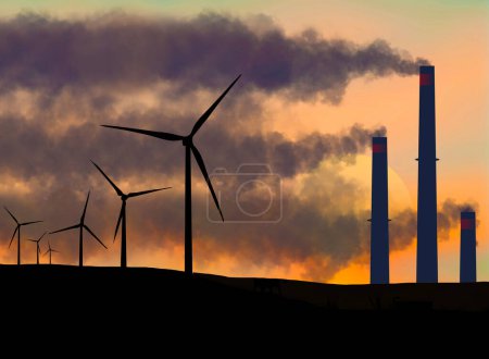 Smoke from a dirty coal burning  power plant forms the background for modern and clean wind powered turbine generators in this 3-d illustration.