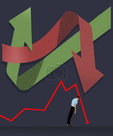 Flechas grunge rojas y verdes aparecen arriba y abajo a medida que terminan juntas en esta ilustración 3-d. Altibajos de la bolsa de valores ilustrados aquí.