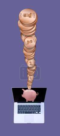 Copper pennies stream into a pink ceramic piggy bank on the screen of a laptop computer in a 3-d illustration about saving online or investing online.