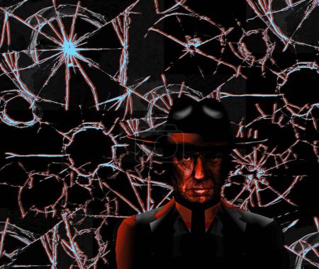 A sinister old man in a fedora appears in front of glass shattered by bullets in a 3-d illustation about mafia, gansters and other criminals.