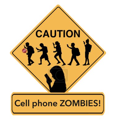 A school crossing sign includes silhouettes of children using cell phones.