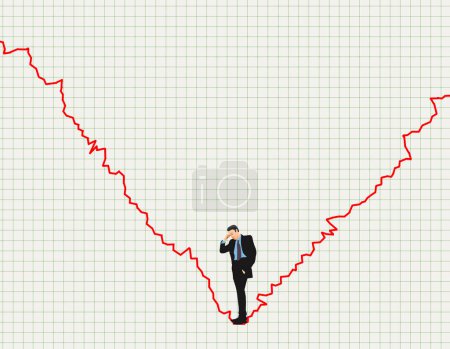 A business man, an investor stands in a big dip in the stock market chart of up and down movement in a 3-d illustration.