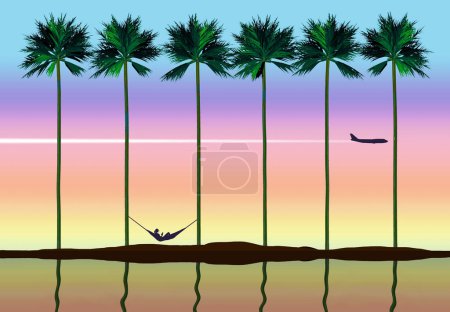 Get away destination and a jet airliner are seen in this 3-d illustration of ocean, palm trees, and reflections at sunset.