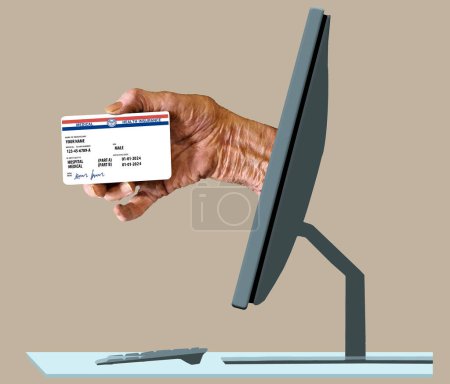 Eine ältere Hand hält eine vorgetäuschte Medicare-Versichertenkarte und die Hand reicht vom Bildschirm eines Computers in einer 3-D-Illustration über das Online-Beziehen von staatlichen Leistungen..