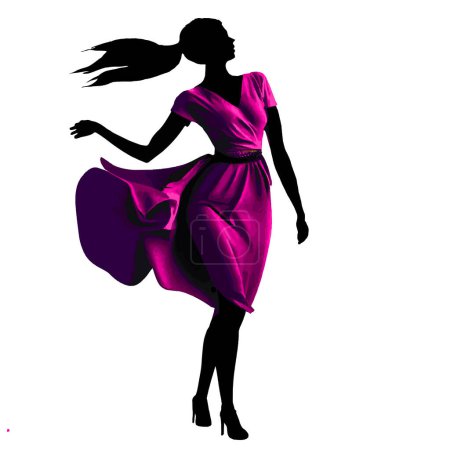A young woman swirls her hair and her dress in a wave of motion and dance in this 3-d illustration that  is an logo type image about fashion.