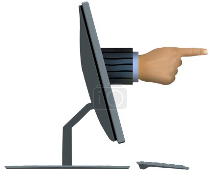 A pointing finger emerges from a computer screen in a 3-d illustration isolated on a white background.