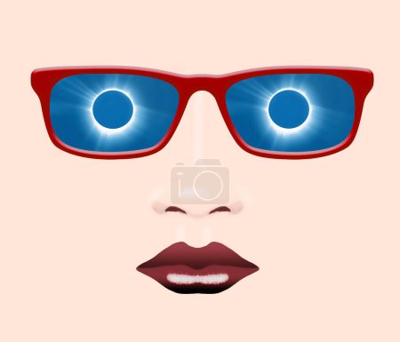 Photo for A total solar eclipse is reflected in the eyeglasses of a young woman in a 3-d illustration. Eclipse 2024 will require viewers to use eclipse glasses to protect their eyes. - Royalty Free Image