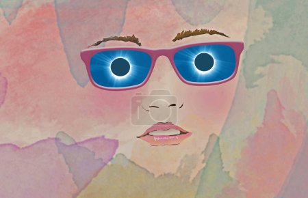 Un eclipse solar total se refleja en las gafas de una mujer joven en una ilustración en 3D. Eclipse 2024 requerirá que los espectadores usen gafas de eclipse para proteger sus ojos.