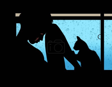 A young woman looks sad and depressed as she sits on a windowsill on a rainy day with her pet cat next to her. This is a 3-d illustration about getting emotional support from pets.