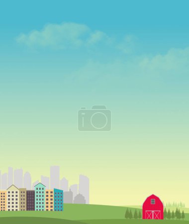 Buntes Hintergrundbild, das städtische, vorstädtische und ländliche Gebiete in einer 3-D-Illustration zeigt.