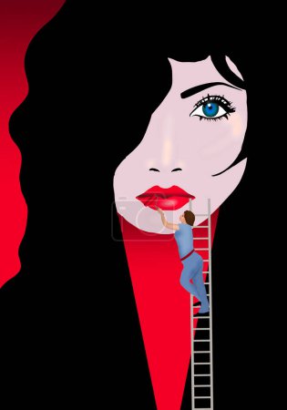 Téléchargez les photos : Un peintre sur une plus vieille peint les lèvres rouge vif d'une femme sur un signe dans une illustration en 3-d sur le rouge à lèvres et le maquillage. - en image libre de droit
