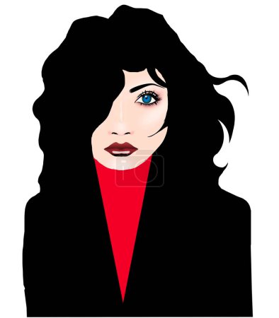 Aquí hay una ilustración en 3D de una chica morena con ojos azules y labios rojos brillantes aislados sobre un fondo blanco.