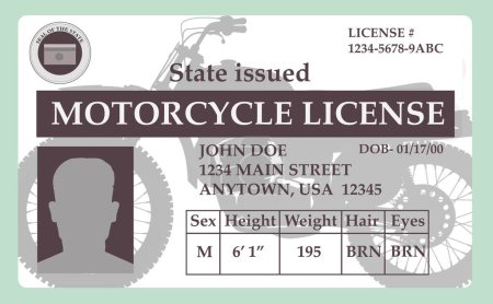 Ein vorgetäuschter, generischer Staat ausgestellt Motorradführerschein für Radfahrer in gesehen isoliert auf dem Hintergrund in einer 3-D-Illustration.