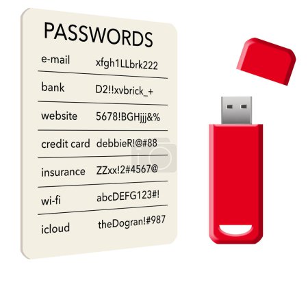 Une carte avec mots de passe et un lecteur flash contenant des mots de passe sont vus dans une illustration en 3-d sur les options de stockage des mots de passe.