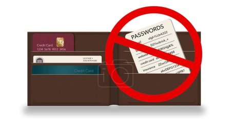 Das Tragen Ihrer Passwörter in Ihrer Brieftasche ist vielleicht nicht sicher, aber es ist eine bequeme Möglichkeit, sofort Zugriff auf Ihre Konten zu haben. Dies ist eine 3-D-Illustration.