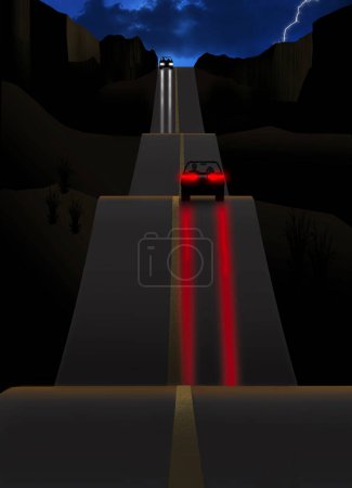 Cars drive  on an up and down ribbon of highway in the American southwest as a storm with lightning forms above. This is a 3-d illustration about travel on dangerous roads.