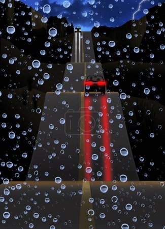 Autos fahren bei einsetzendem Regen auf einem Band der Autobahn im amerikanischen Südwesten im Sturm auf und ab. Dies ist eine 3-D-Illustration über das Reisen auf gefährlichen Straßen.