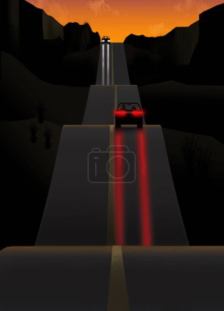 Los coches conducen por una cinta de arriba y abajo de la carretera en el suroeste americano al atardecer. Esta es una ilustración en 3D sobre los viajes por carreteras peligrosas..