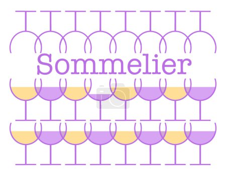 Ein Sommelier oder Weinverwalter und Weinexperte ist das Thema dieser 3-D-Illustration. Weingläser, Stemware, mit Rot- und Weißwein in einem abstrakten Weinlogo.