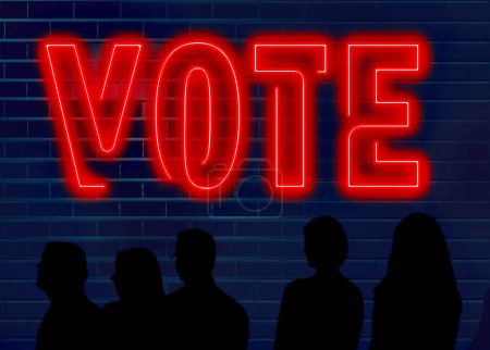 Die Wähler stehen in den frühen Morgenstunden der Dunkelheit Schlange, um ihre Stimmen bei einer wichtigen Wahl abgeben zu lassen. Dies ist eine 3-D-Illustration über den Wahltag in Amerika.