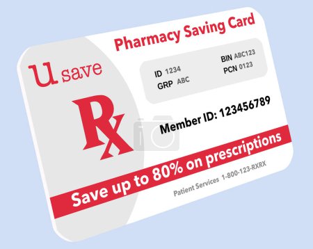 A generic, mock pharmacy saving card is seen in this 3-d illustration about saving money on prescription drugs with this coupon