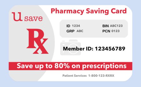 A generic, mock pharmacy saving card is seen in this 3-d illustration about saving money on prescription drugs with this coupon.