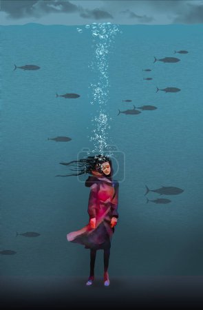 A girl is drowning in sorrow and is underwater as he last breaths bubble to the surface in a 3-d illustration about dealing with problems.