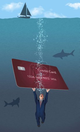 Un hombre ahogándose en deudas peligrosas de tarjetas de crédito trata de levantarse a través del agua mientras los tiburones rodean en una ilustración 3-d.