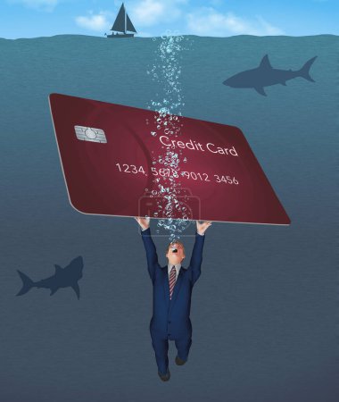Un hombre ahogándose en deudas peligrosas de tarjetas de crédito trata de levantarse a través del agua mientras los tiburones rodean en una ilustración 3-d.