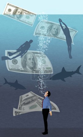 Ein Mann unter Wasser, der in Schulden ertrinkt, ist umgeben von Haien, Schuldeneintreibern und seinem Geld, das in einer 3-D-Illustration über schuldenfinanziertes Geld dahinschwimmt..
