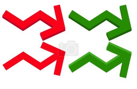 Stock market chart arrows in red and green are seen as graphic elements and are seen in a 3-d illustration. Arrows indicate the upward and downward gains and losses on the Dow.