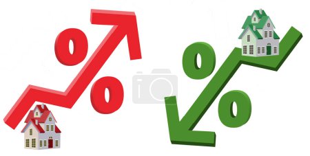 Home mortgage interest rate arrows are red for up and green for down with a home in the image and a percentage sign. This is a 3-d illustration.
