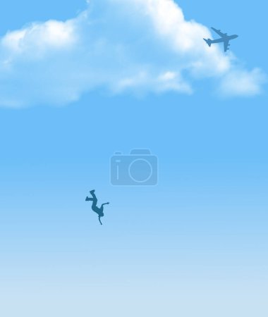 Ein Beispiel für einen Abzug ist hier zu sehen, wo ein fallender Mann unten und ein Flugzeug zu sehen sind. Anhand dieser 3-D-Abbildung können wir davon ausgehen, dass der Mann aus dem Flugzeug gefallen ist.