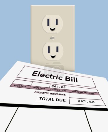 Una factura de electricidad por solo $47 se ve con caras sonrientes de una toma de corriente eléctrica en una ilustración humorística 3-d sobre el ahorro en sus facturas de electricidad.