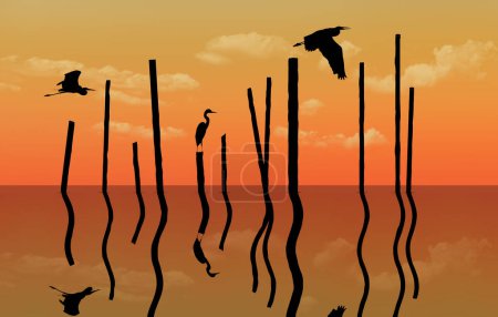 Great Blue Herons are seen at sunset on an inland lake in a 3-d illustraton.