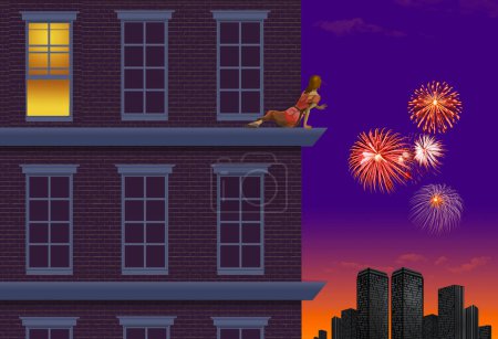 Una mujer que ama las exhibiciones de fuegos artificiales el 4 de julio se arrastra por una cornisa de un edificio de apartamentos para obtener una vista de los gusanos de fuego sobre la ciudad en esta ilustración en 3D.