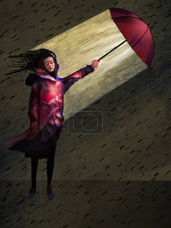 Sich vor einem Sturm zu schützen, ist eine junge Frau mit einem Regenschirm in einer 3-D-Illustration über Selbstschutz. Es kann eine Metapher für viele Situationen und Frauenrechte sein.