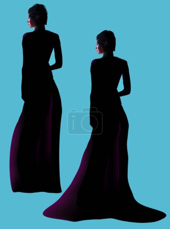 Una hermosa mujer joven se ve usando un vestido formal para un baile de graduación u otra ocasión social importante. Esta es una ilustración en 3D aislada sobre un fondo azul.