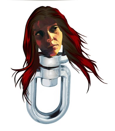 A young woman's head is seen on a metal swivel as in the idiom having your head on a swivel to be observant and cautious. 3-d illustration is isolated.