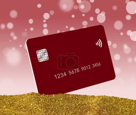 A red credit card  is seen in a pile of gold dust with bokeh circles in the background in a 3-d illustration.