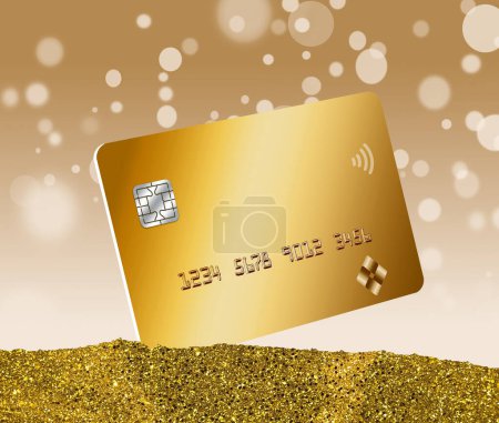 A gold credit card  is seen in a pile of gold dust with bokeh circles in the background in a 3-d illustration.