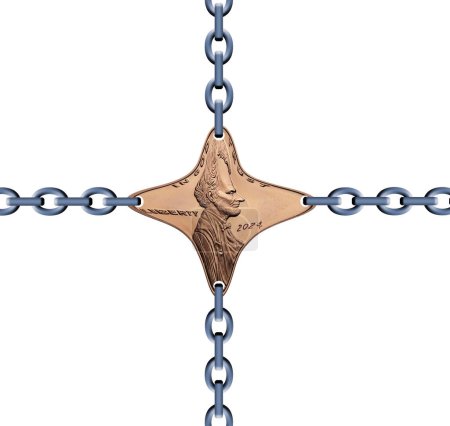 Making your money stretch during times of inflation is the theme of this Lincoln penny being pulled in four directions by chains. This is a 3-d illustration.