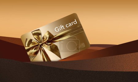 A gold gift card decorated with a gold bow and ribbon is seen in a landscape scene with text area or copy space and it is a 3-d illustration.