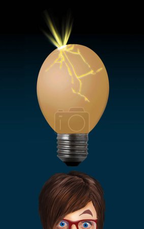 Hatching a new idea is a young nerd woman. An idea light bulb that is an egg is cracking and light shines as the new idea is hatched. This is a 3-d illustration.