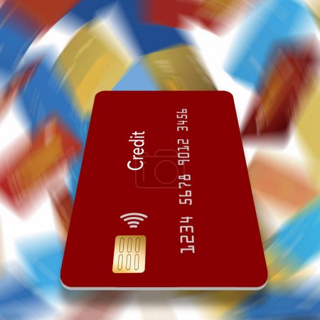 A generic blue credit card  is seen in front of falling blurred credit cards  in a 3-d illustration about debit and credit cards.