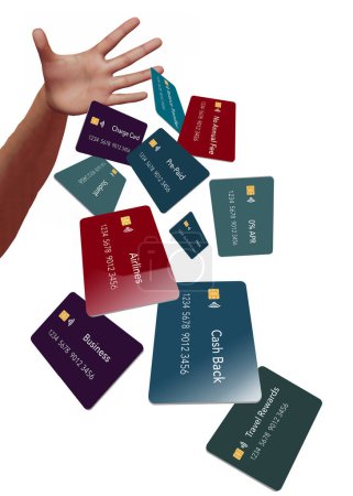 A hand drops many types of credit cards including business card, airline, cash back, travel rewards, pre-paid, student, no annual fee. This is a 3-d illustration.