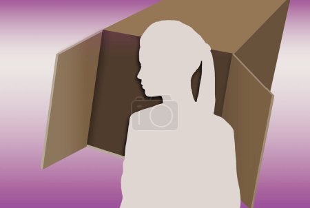 Zu sehen ist eine Scherenschnitt-Silhouette einer jungen Frau mit einem Karton und viel Kopierraum und Textfläche. Dies ist eine 3-D-Illustration für mehrere Anwendungen.